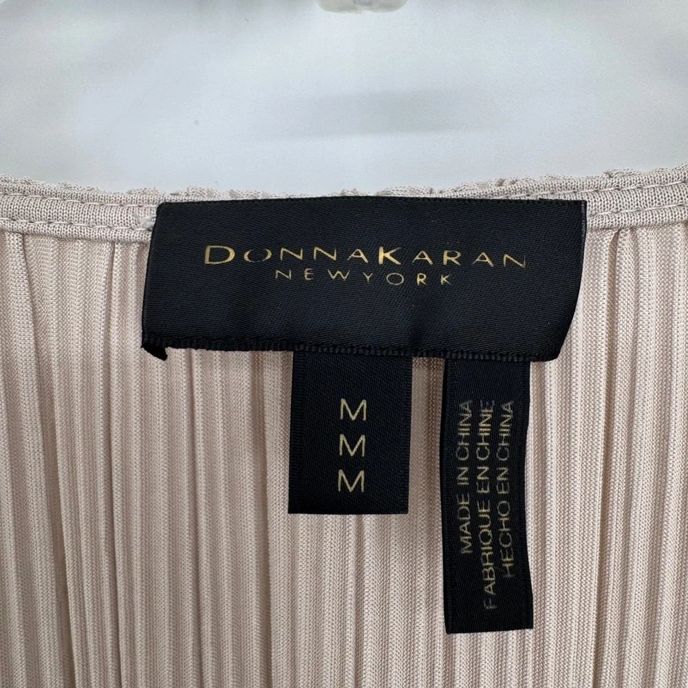 Donna Karan NY Pleated Lightweight Overlay Jacket Long Line‎ Tan Sz M Minimalist